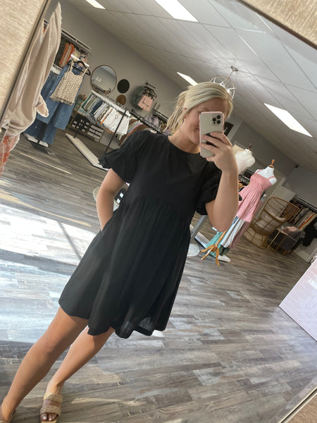 Bubble Short Sleeve Babydoll Dress - Black