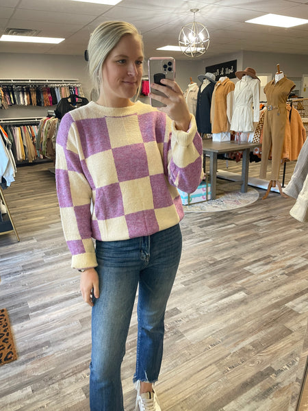 Checkerboard Sweater - Lavender/Cream