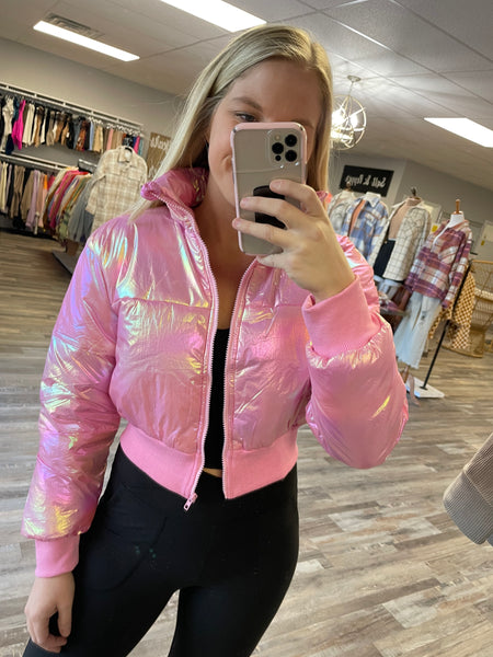 Iridescent Puffer Jacket - Pink