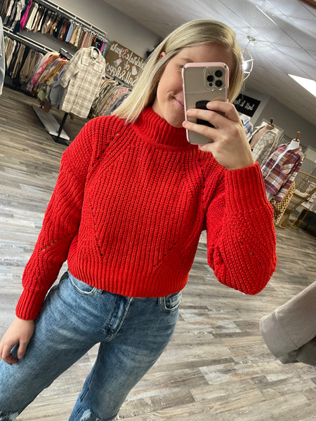 Mock Neck Chenille Sweater - Red