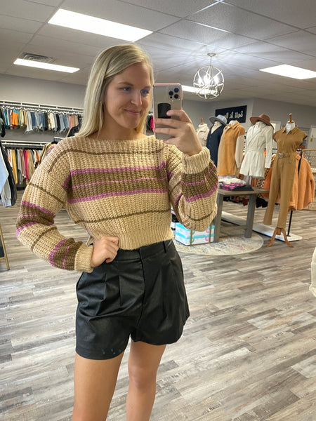 Knit Multi Stripe Sweater - Almond/Lilac