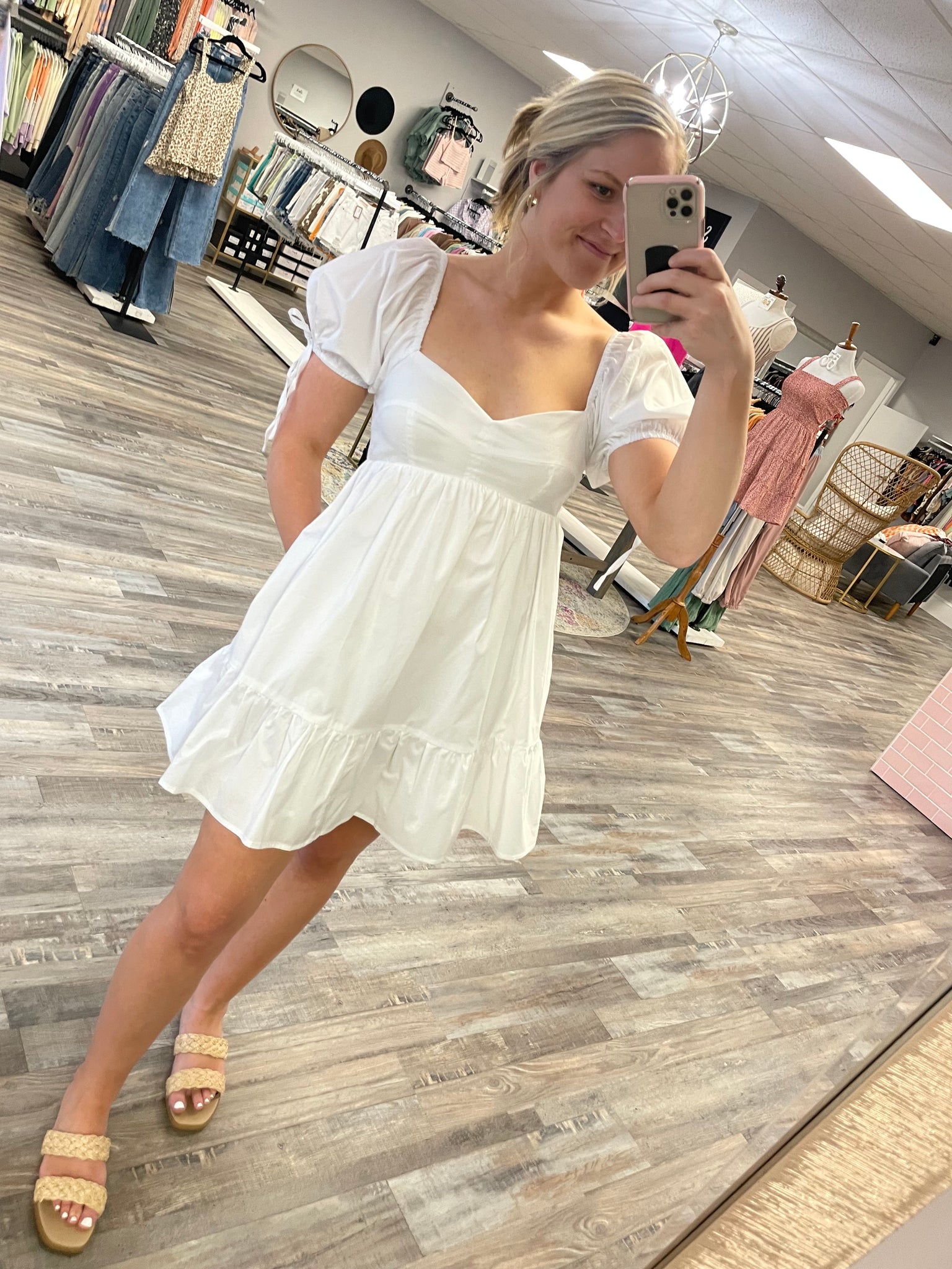 Puff Sleeve Sweetheart Dress - White