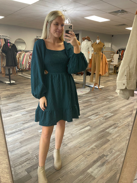 Textured Cutout Detail Dress - Hunter Green