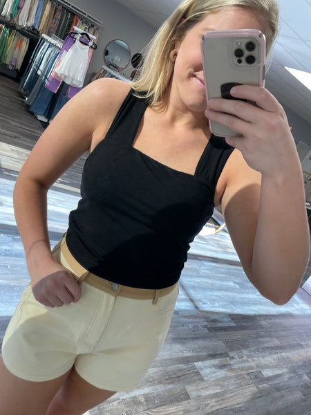 Rib Square Neck Crop Top- Black