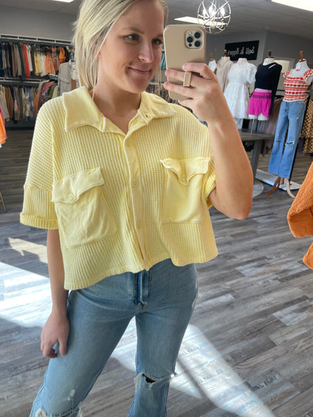 Washed Cropped Button Top - Yellow