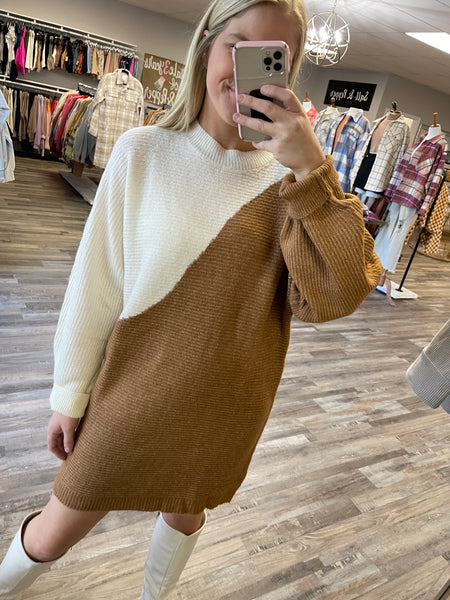Two Tone Asymmetrical Sweater Dress - Camel