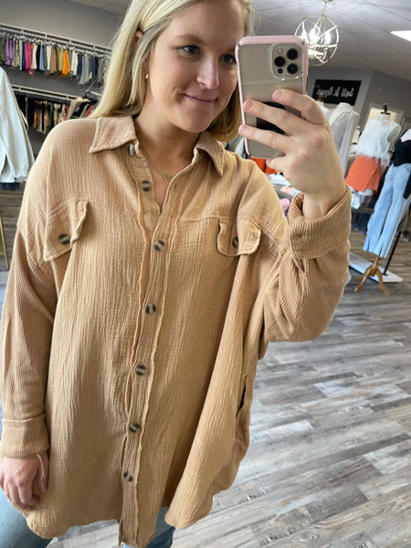 Long Sleeve Pocket Shacket - Caramel
