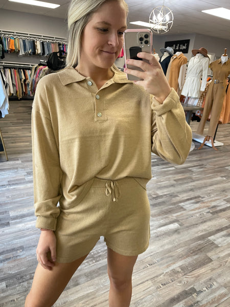 Henley Long Sleeve Top & Short Set - Sand
