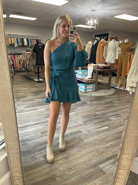 One Shoulder Ruffle Skirt Dress - Teal