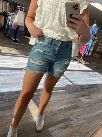 High Rise Fray Denim Shorts - Medium Wash