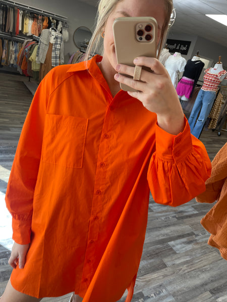 Poplin Shirt Mini Dress - Orange