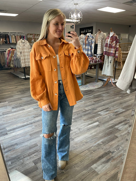 Gauze Button Down Shacket - Burnt Orange