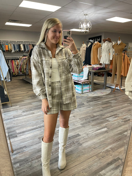 Plaid Frayed Shirt & Shorts Set - Taupe