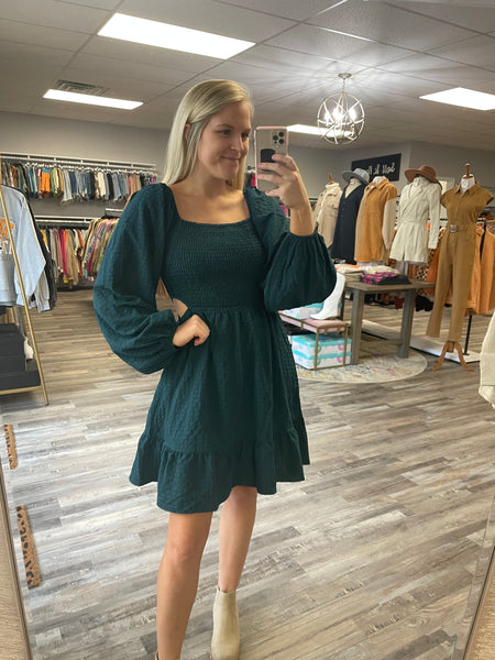 Textured Cutout Detail Dress - Hunter Green