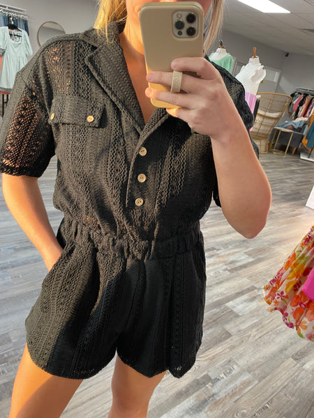 Crochet Short Sleeve Romper - Black