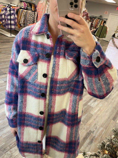 Brushed Checker Long Jacket - Pink/Blue