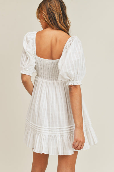 Puff Sleeve Pleated Detail Dress - White